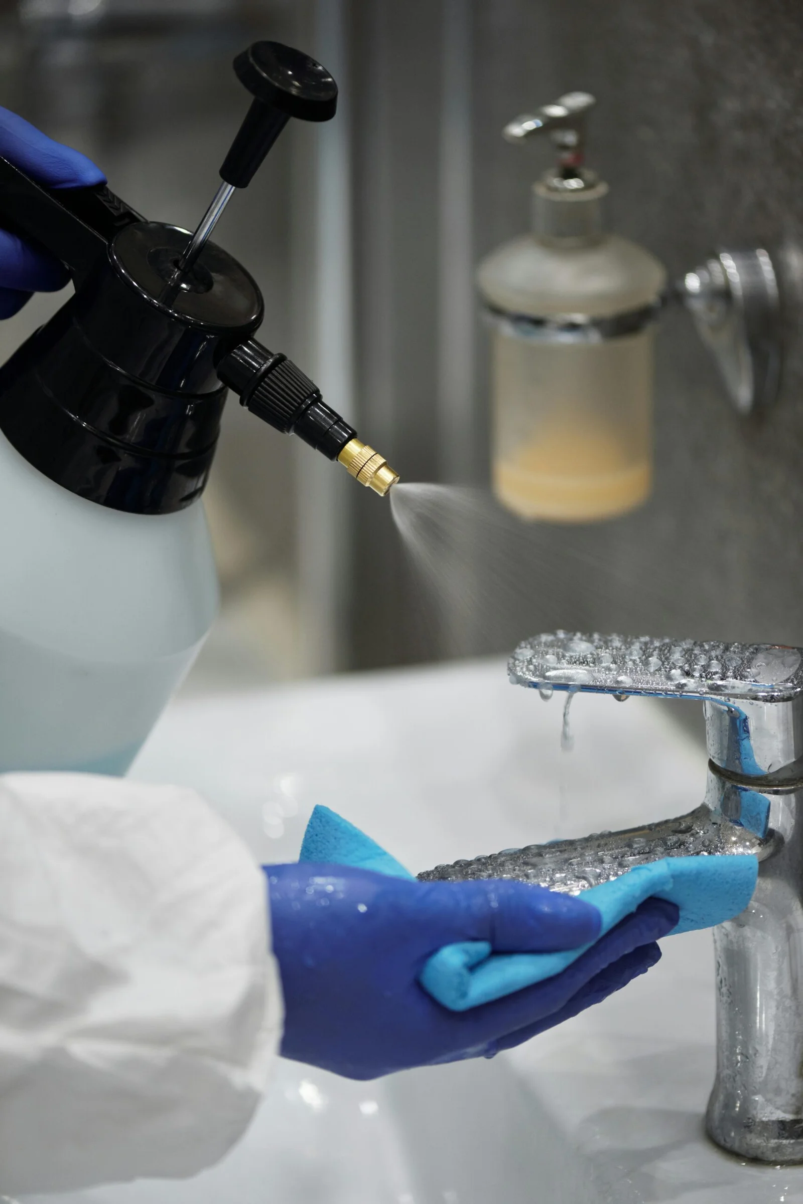 Cleaning professional sanitizing a bathroom sink for cleaning services in Tirana and Durres