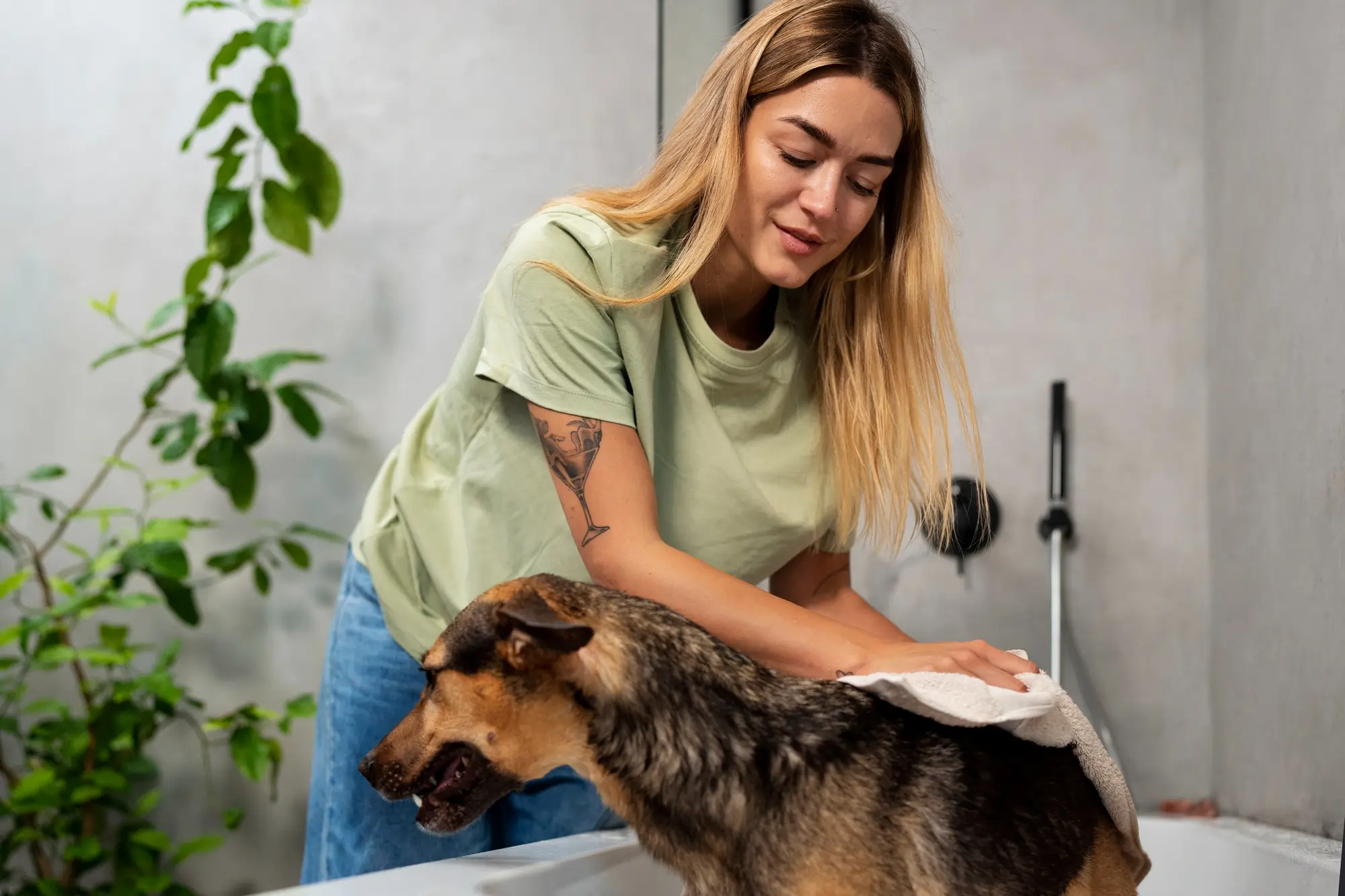 Caretaker drying a dog after bathing for pet care services in Tirana and Durres